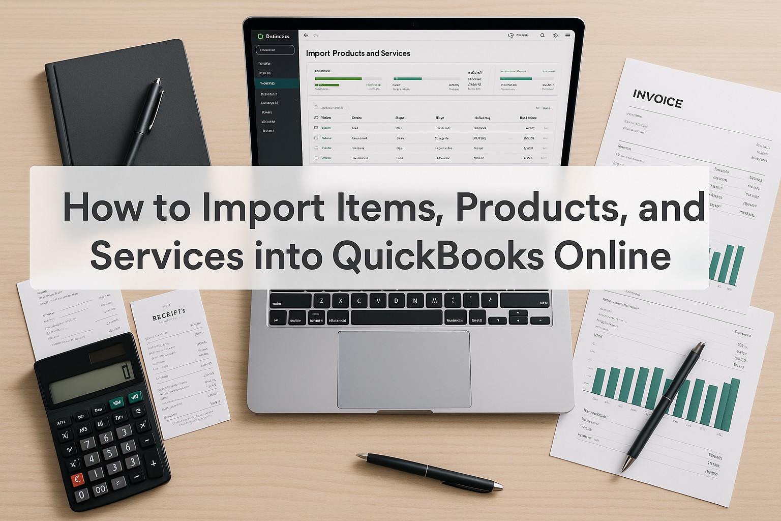 Small business owner importing product and service lists into QuickBooks Online on a laptop, with accounting documents nearby.
