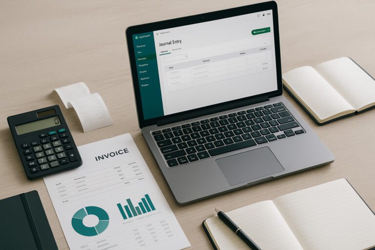 Accountant importing journal entries into QuickBooks on a laptop with financial documents on desk