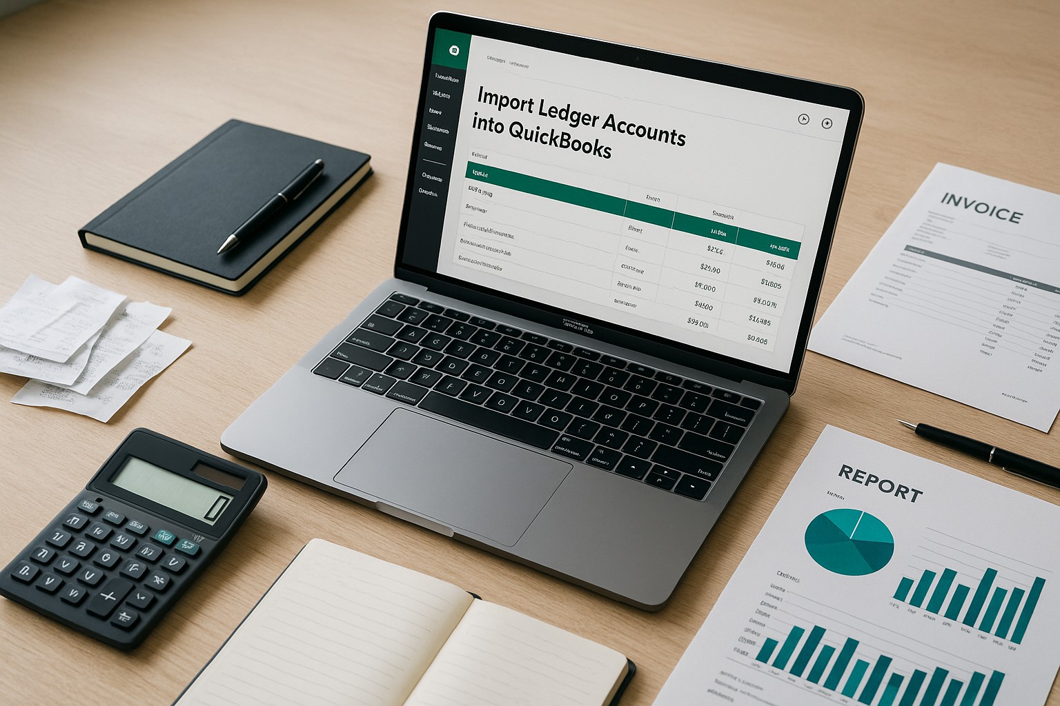 Accountant importing ledger accounts into QuickBooks on a laptop with financial documents on the desk