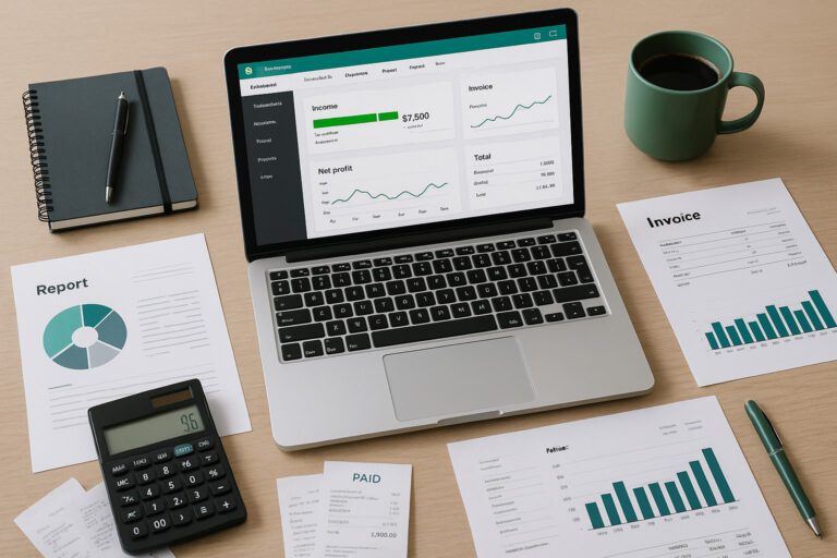 A small business owner using a laptop to import customer and vendor contacts from Microsoft Outlook into QuickBooks accounting software.