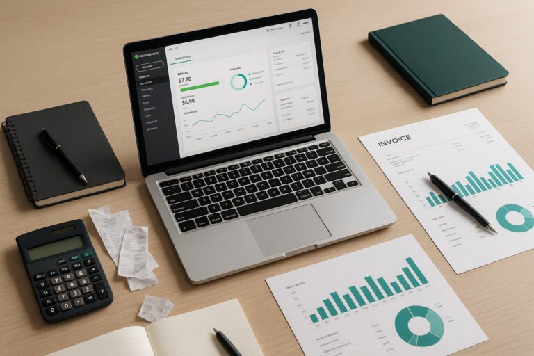 Accountant importing product and service data from Excel spreadsheet into QuickBooks on a laptop in a small business office.