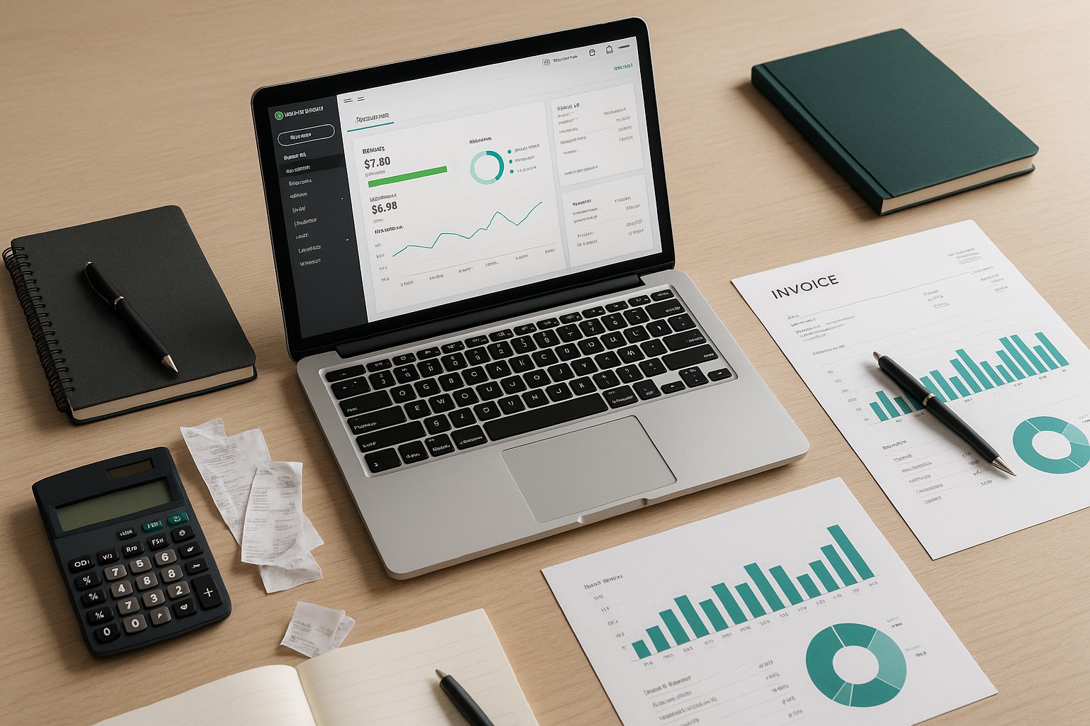 Accountant importing product and service data from Excel spreadsheet into QuickBooks on a laptop in a small business office.
