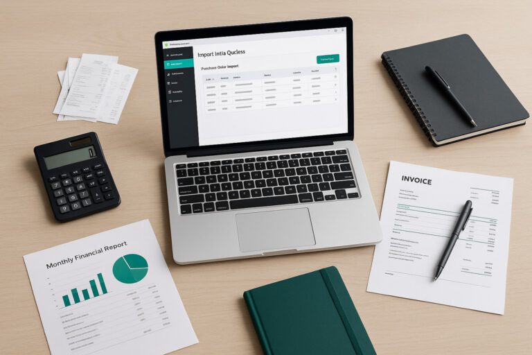 Accountant importing purchase orders into QuickBooks Desktop on a computer, with spreadsheets and invoices visible.