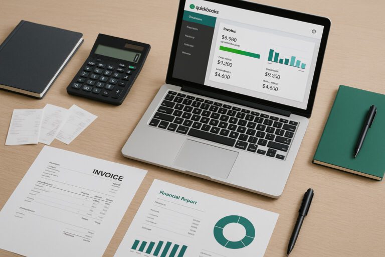 Accountant using QuickBooks software on a laptop to import a QBM file for small business bookkeeping.