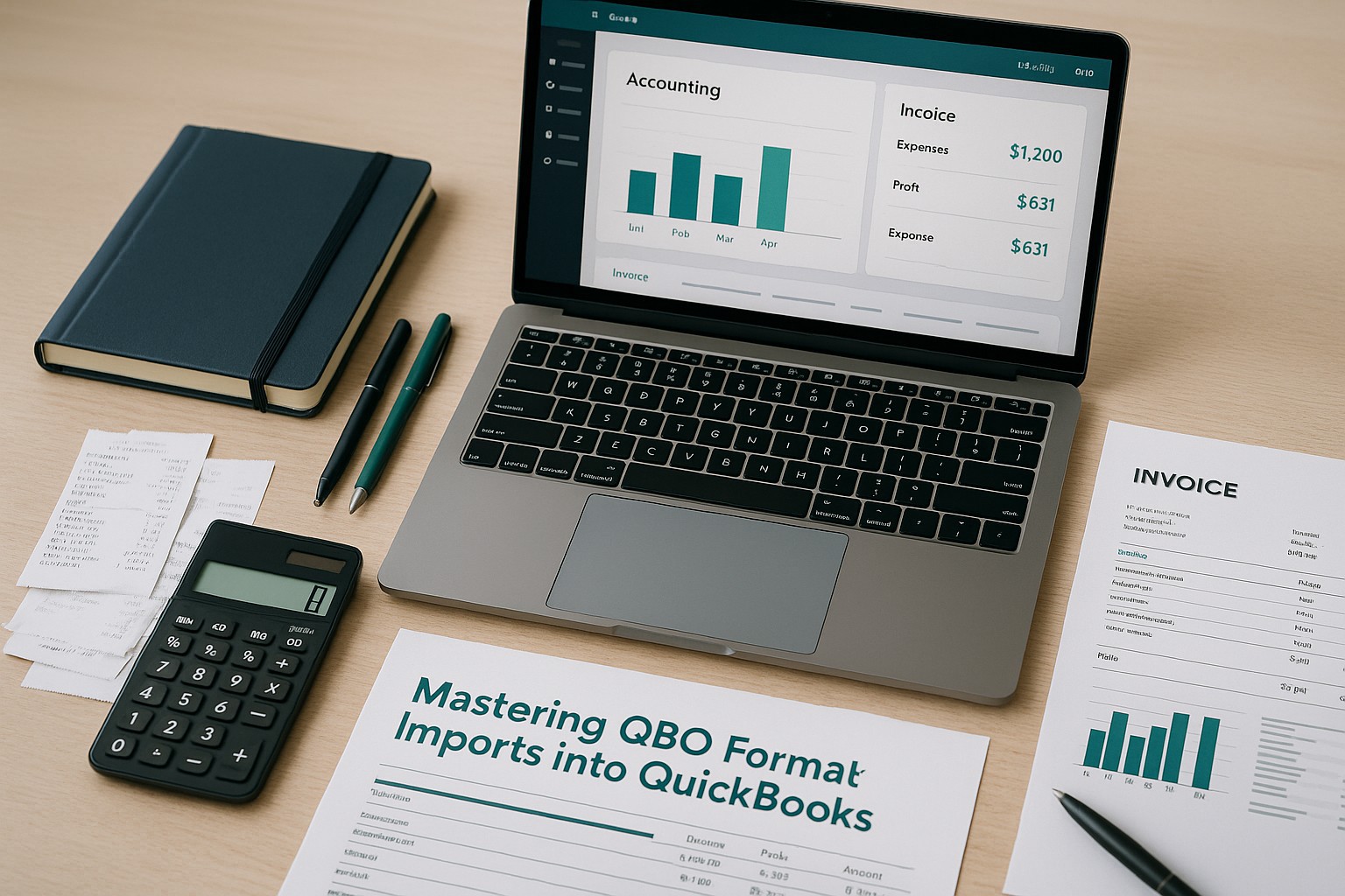 Accountant at desk importing QBO files into QuickBooks on a laptop, surrounded by financial documents and bookkeeping tools.