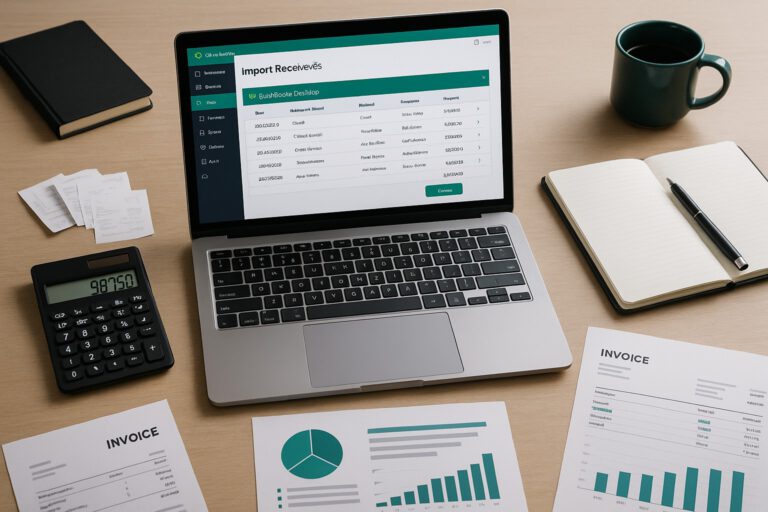 Accountant importing receive payments into QuickBooks Desktop on a computer, with invoices and payment records visible on screen.