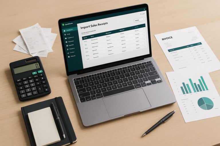 Bookkeeper importing sales receipts into QuickBooks Desktop on a computer, surrounded by accounting documents and small business supplies.