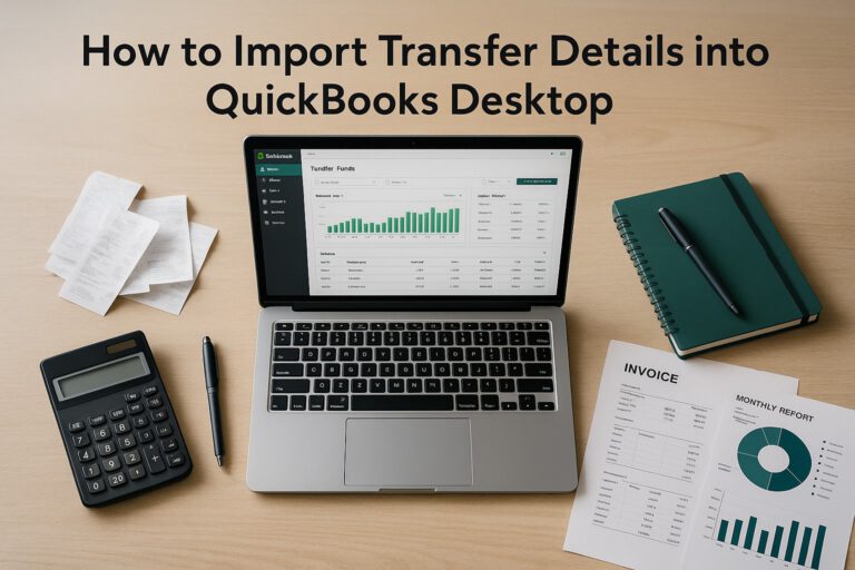 Accountant importing transfer details into QuickBooks Desktop software on a computer in a small business office.