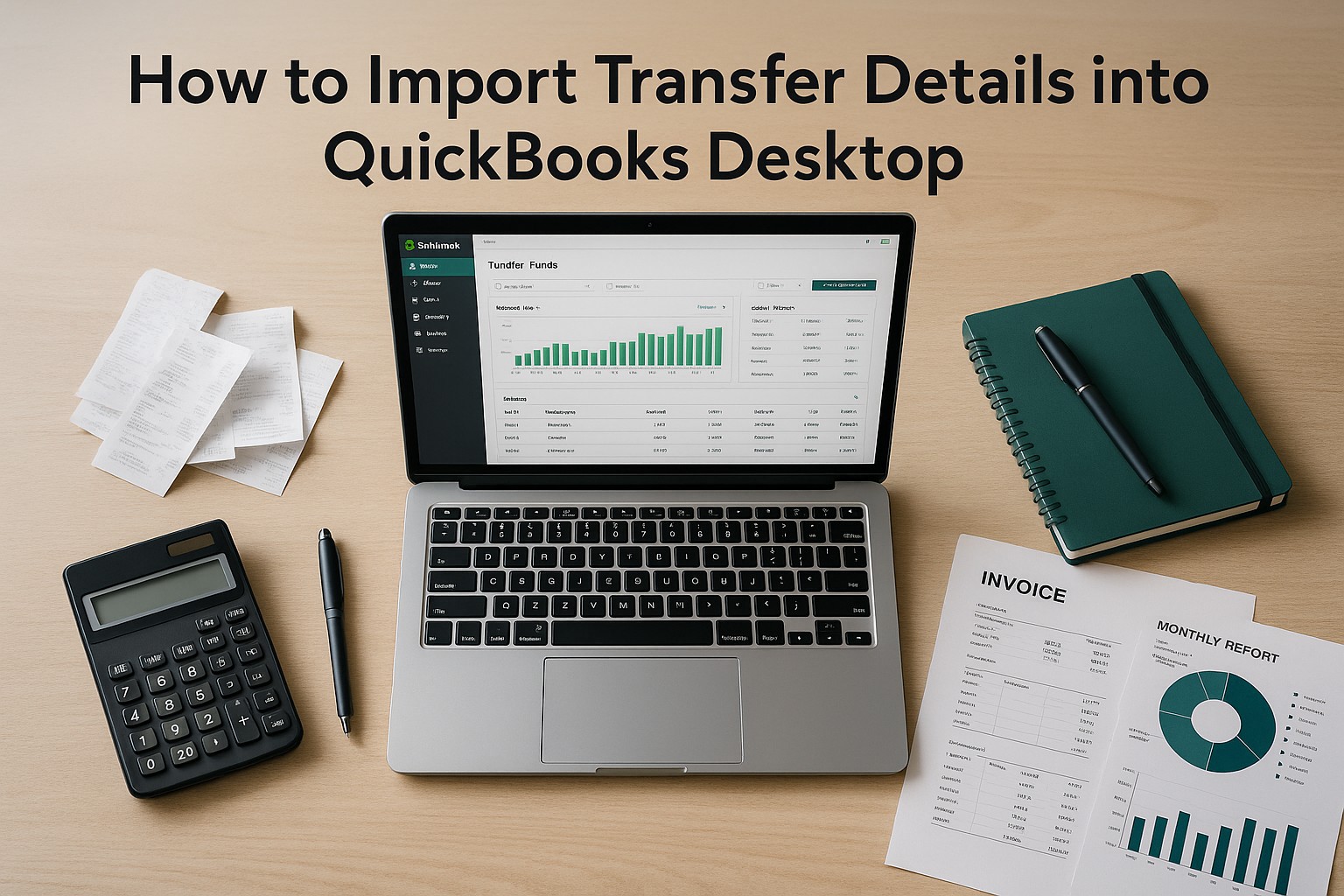 Accountant importing transfer details into QuickBooks Desktop software on a computer in a small business office.