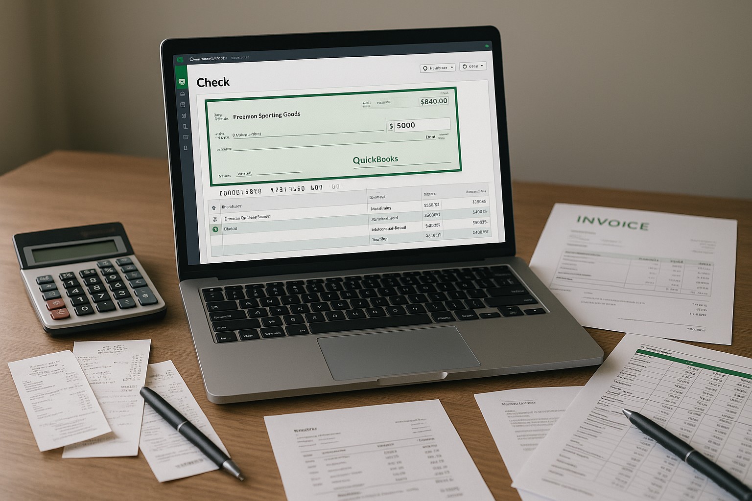 Accountant importing checks into QuickBooks Desktop on a computer in a modern office