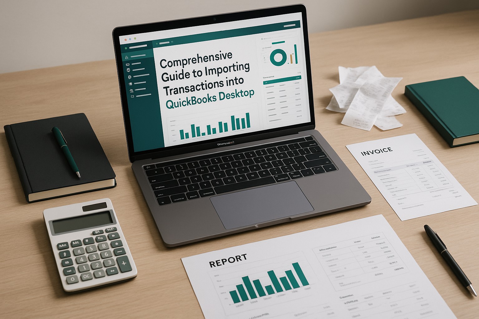 Accountant importing bank transactions into QuickBooks Desktop on a computer, with spreadsheets and financial documents on the desk.