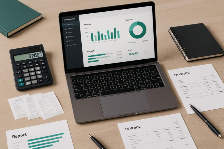 Accountant reviewing Intuit Interchange Format (IIF) files on a laptop with QuickBooks software open, surrounded by bookkeeping documents.