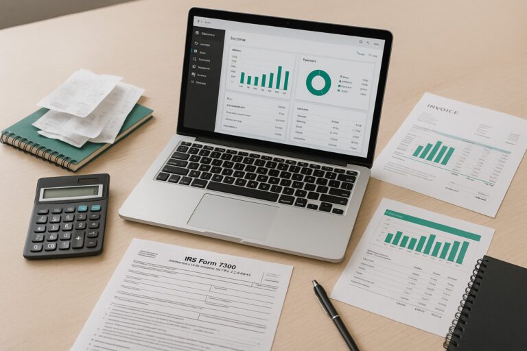 Accountant reviewing IRS Form 7200 on a laptop with QuickBooks Payroll dashboard open