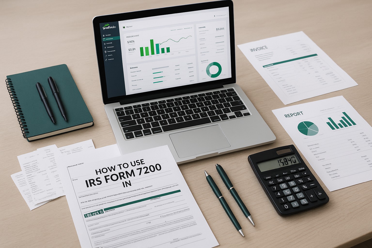 Accountant reviewing IRS Form 7200 on a laptop screen with QuickBooks Payroll dashboard open