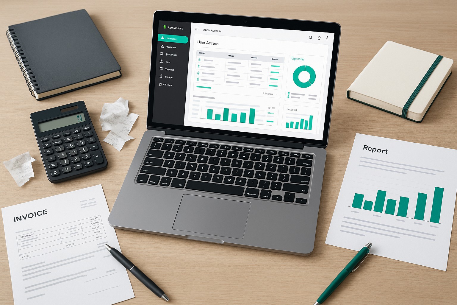 Business owner managing user permissions in QuickBooks Online dashboard on a laptop