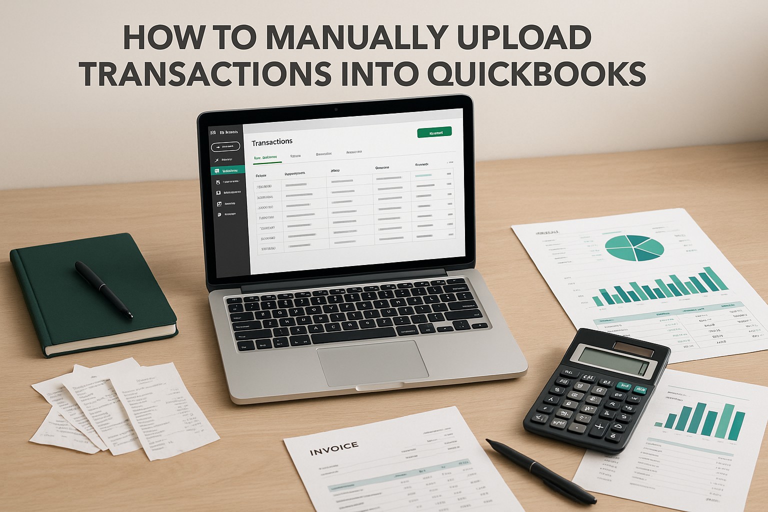 Person entering bank transactions into QuickBooks desktop on a laptop, surrounded by accounting documents and spreadsheets.