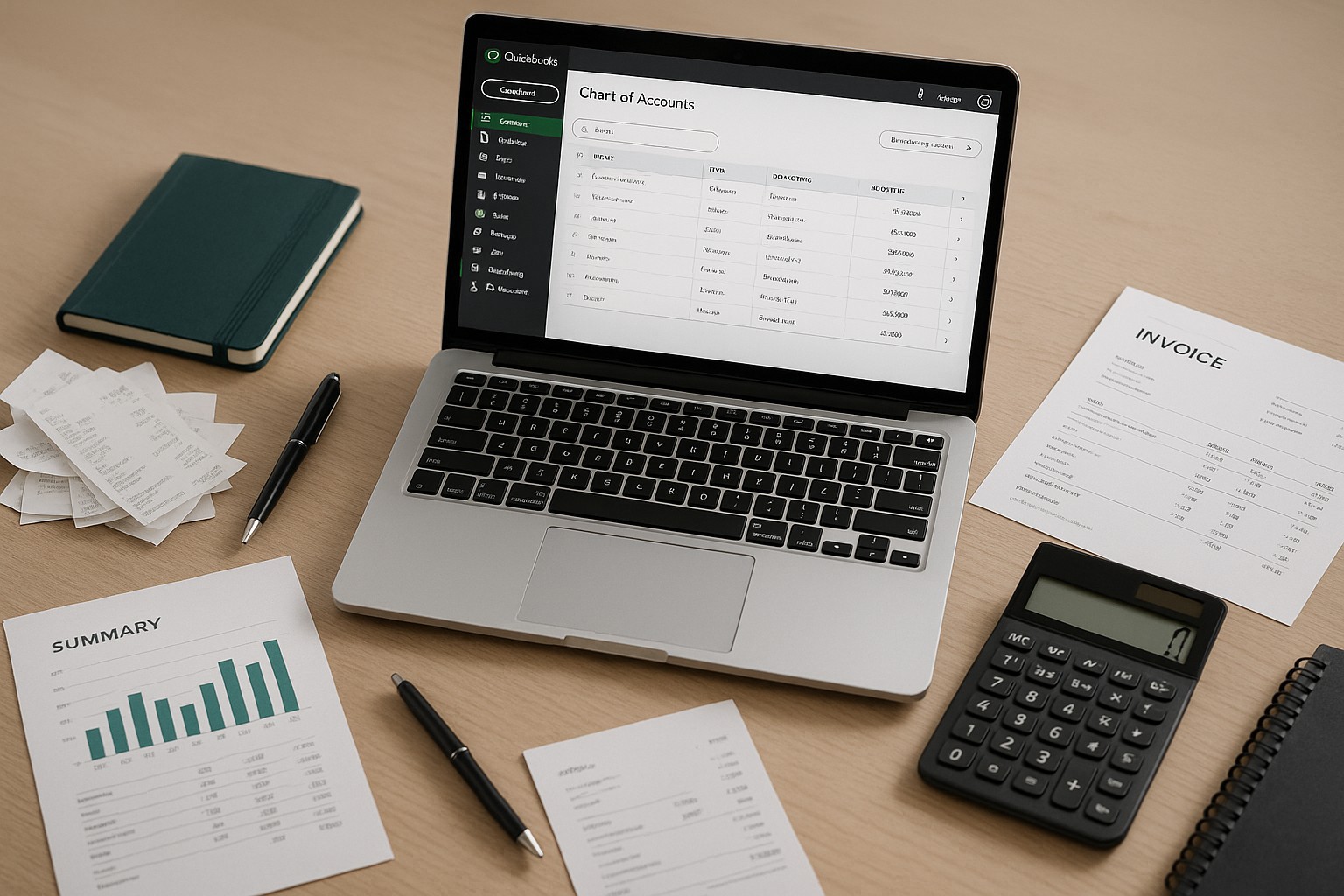 Screenshot of QuickBooks desktop interface showing the Chart of Accounts being edited for a small business.