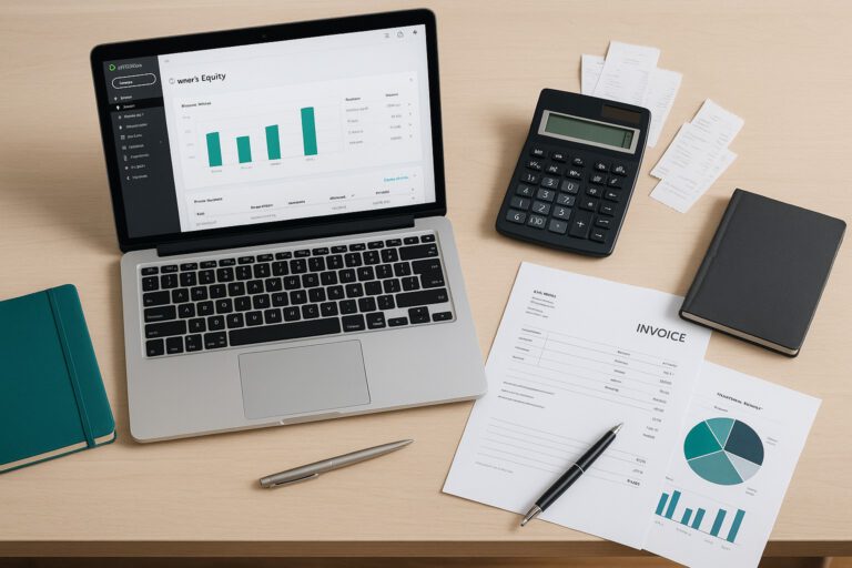 Screenshot of QuickBooks Online dashboard with owner's equity account setup highlighted for small business accounting.
