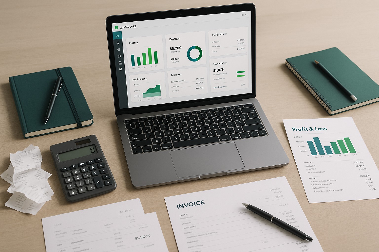 Business owner using QuickBooks software on a laptop to organize tax documents and financial statements