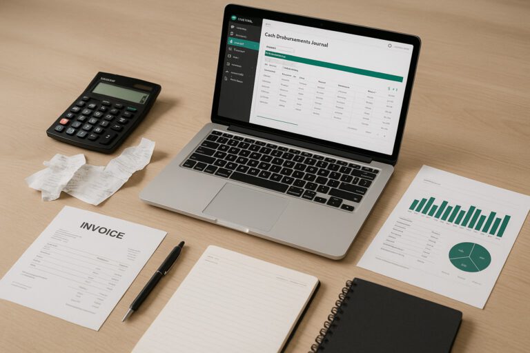 Screenshot of QuickBooks Online displaying a cash disbursements journal ready to print, with highlighted print options for small business accounting.