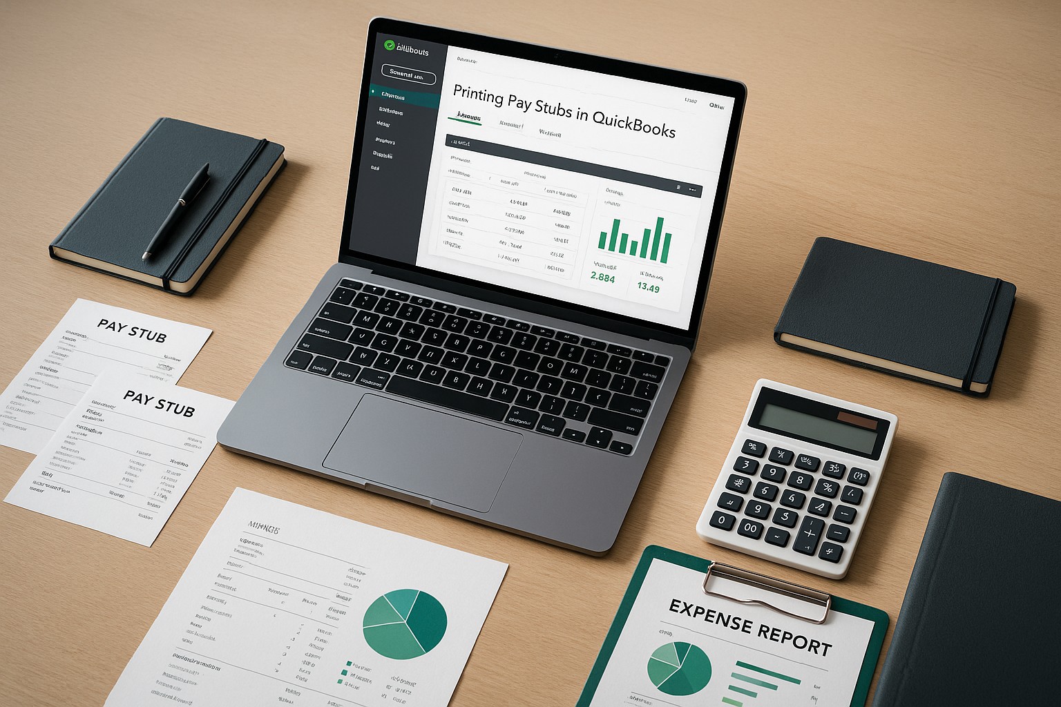 A small business owner using QuickBooks on a laptop to print employee pay stubs, with accounting documents on the desk.