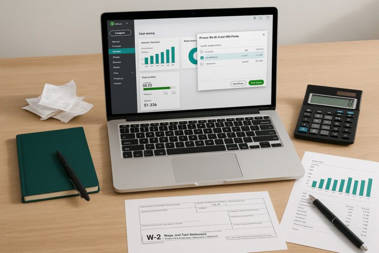 Accountant printing W-2 forms using QuickBooks software on a computer in a small business office