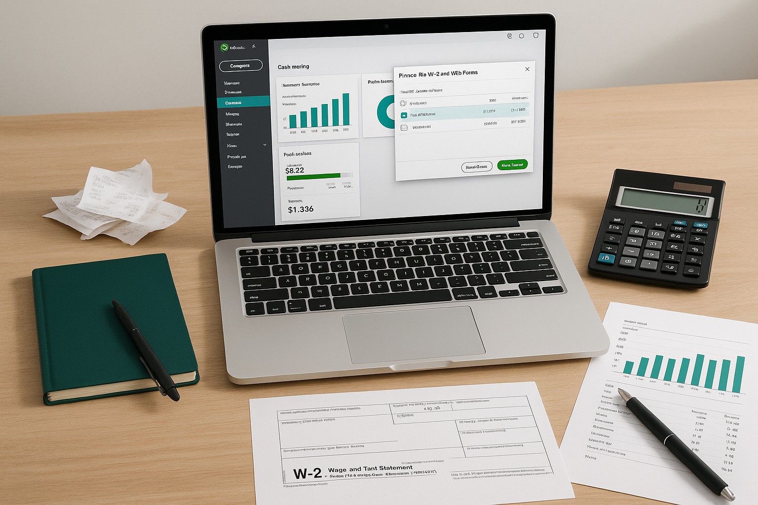 Accountant printing W-2 forms using QuickBooks software on a computer in a small business office