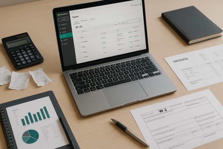 Accountant using QuickBooks software to print W-2 forms for small business payroll on a computer screen.