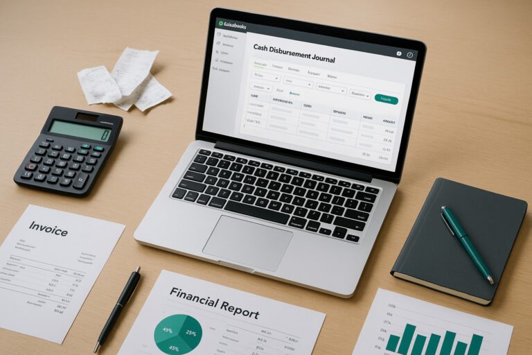Screenshot of QuickBooks cash disbursement journal with highlighted transactions and bookkeeping entries for a small business.