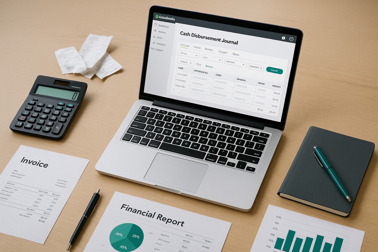 Screenshot of QuickBooks cash disbursement journal with highlighted transactions and bookkeeping entries for a small business.