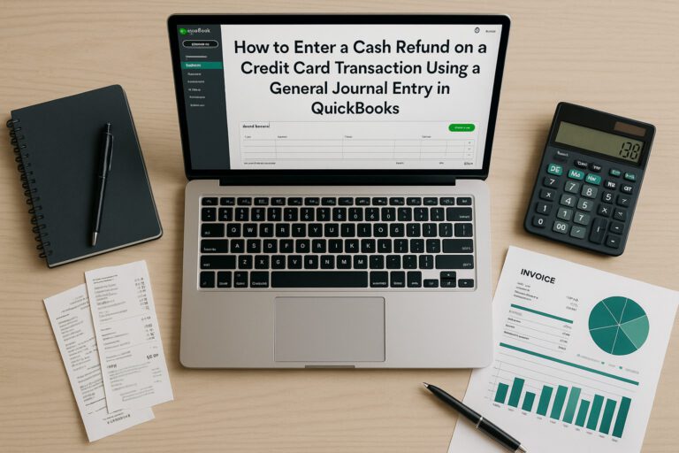 QuickBooks general journal entry screen showing a cash refund being entered for a credit card transaction, with accounting fields highlighted.