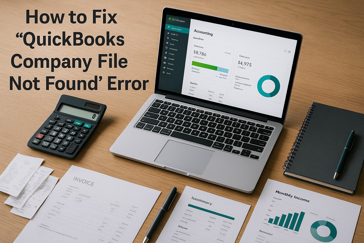 Accountant troubleshooting QuickBooks company file not found error on a laptop in a small business office.