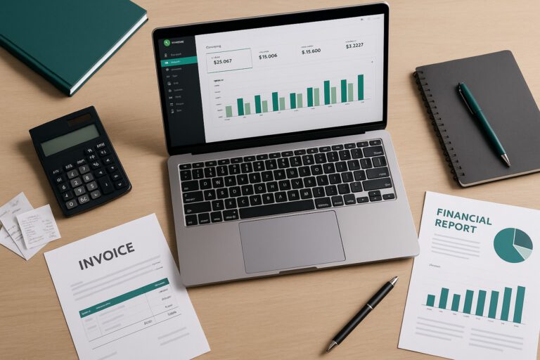 Accountant troubleshooting QuickBooks error on laptop in office with financial documents