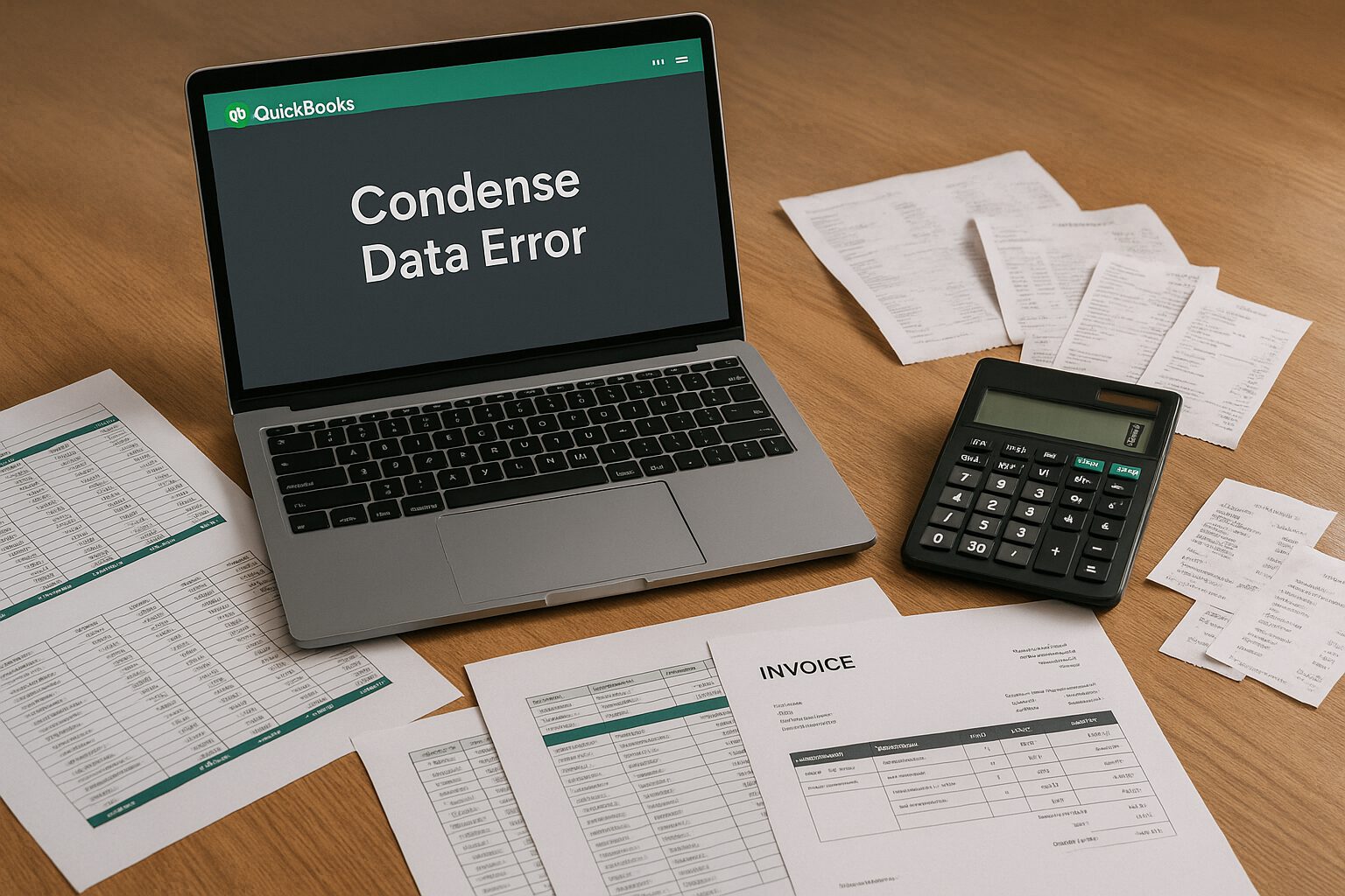Receipts, calculator, and financial papers illustrating QuickBooks condense data error fix