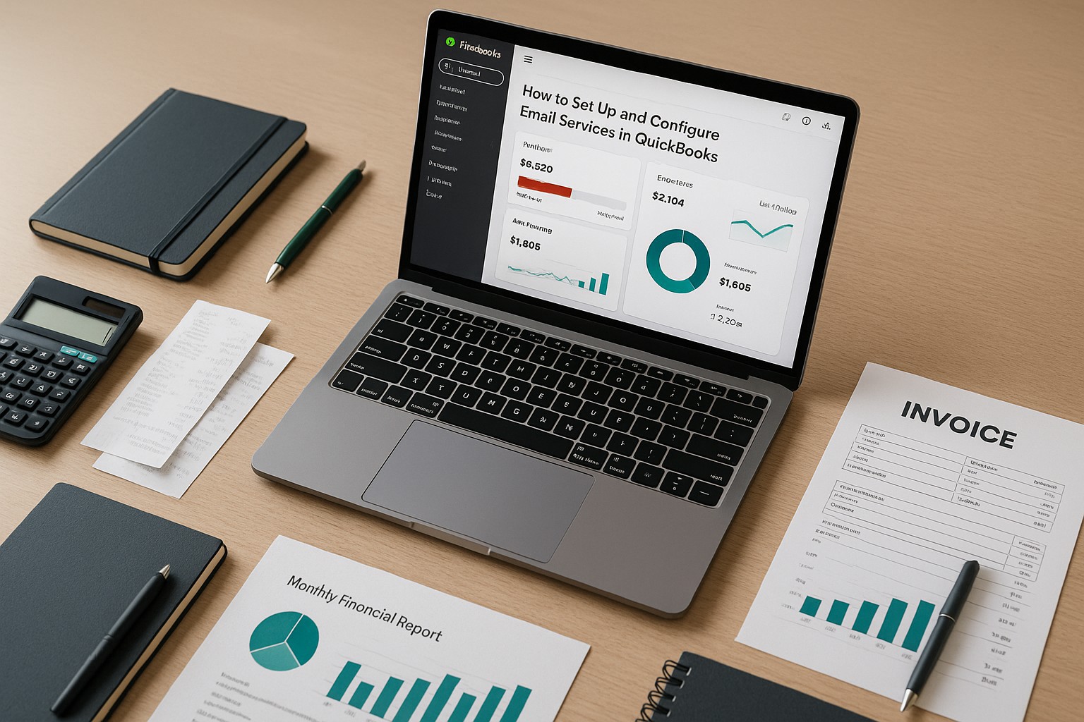 QuickBooks dashboard open on a laptop with email configuration settings displayed, surrounded by accounting documents and a coffee cup.