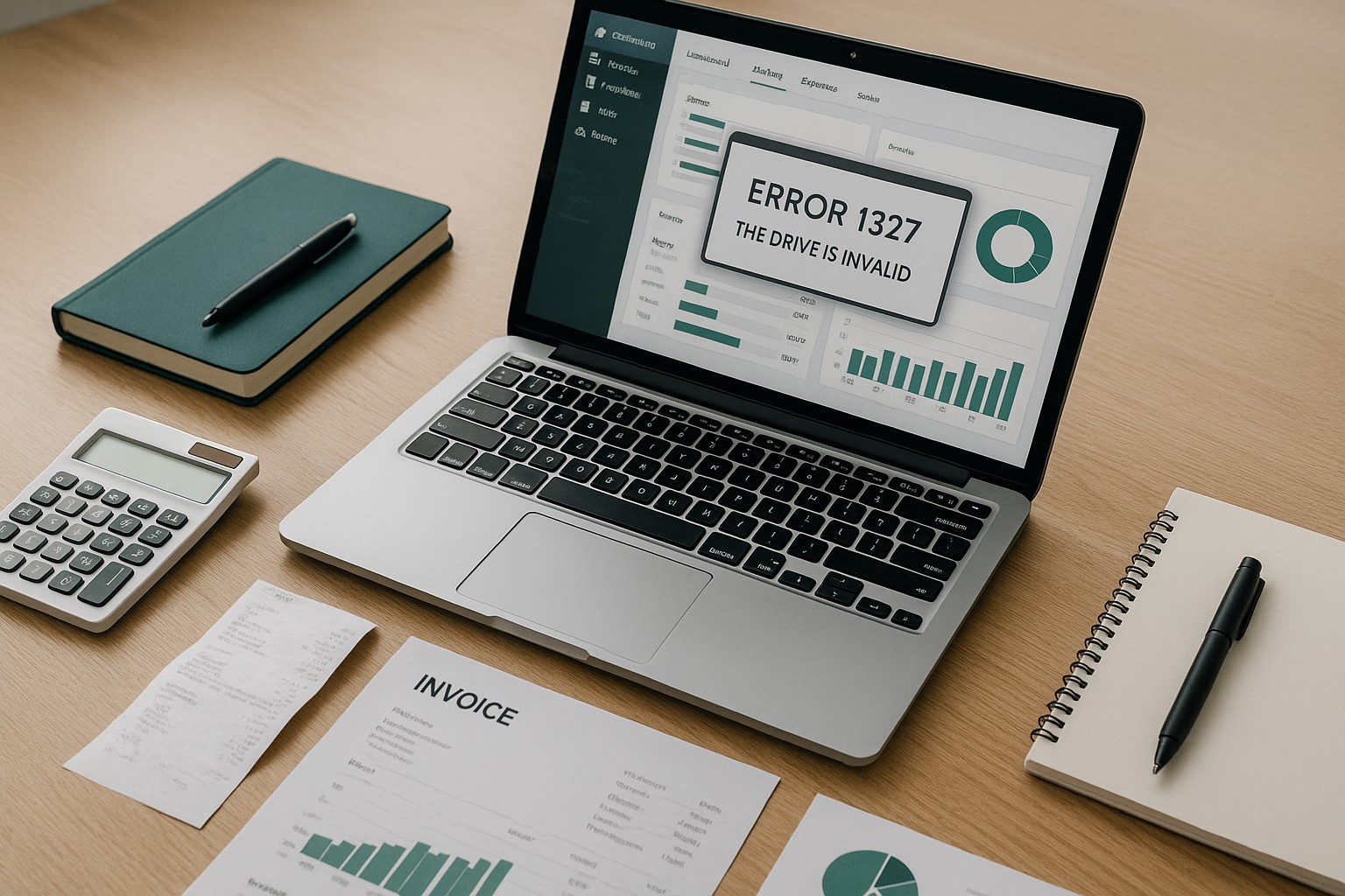 Accountant reviewing QuickBooks error 1327 invalid drive message on a laptop with accounting documents nearby.