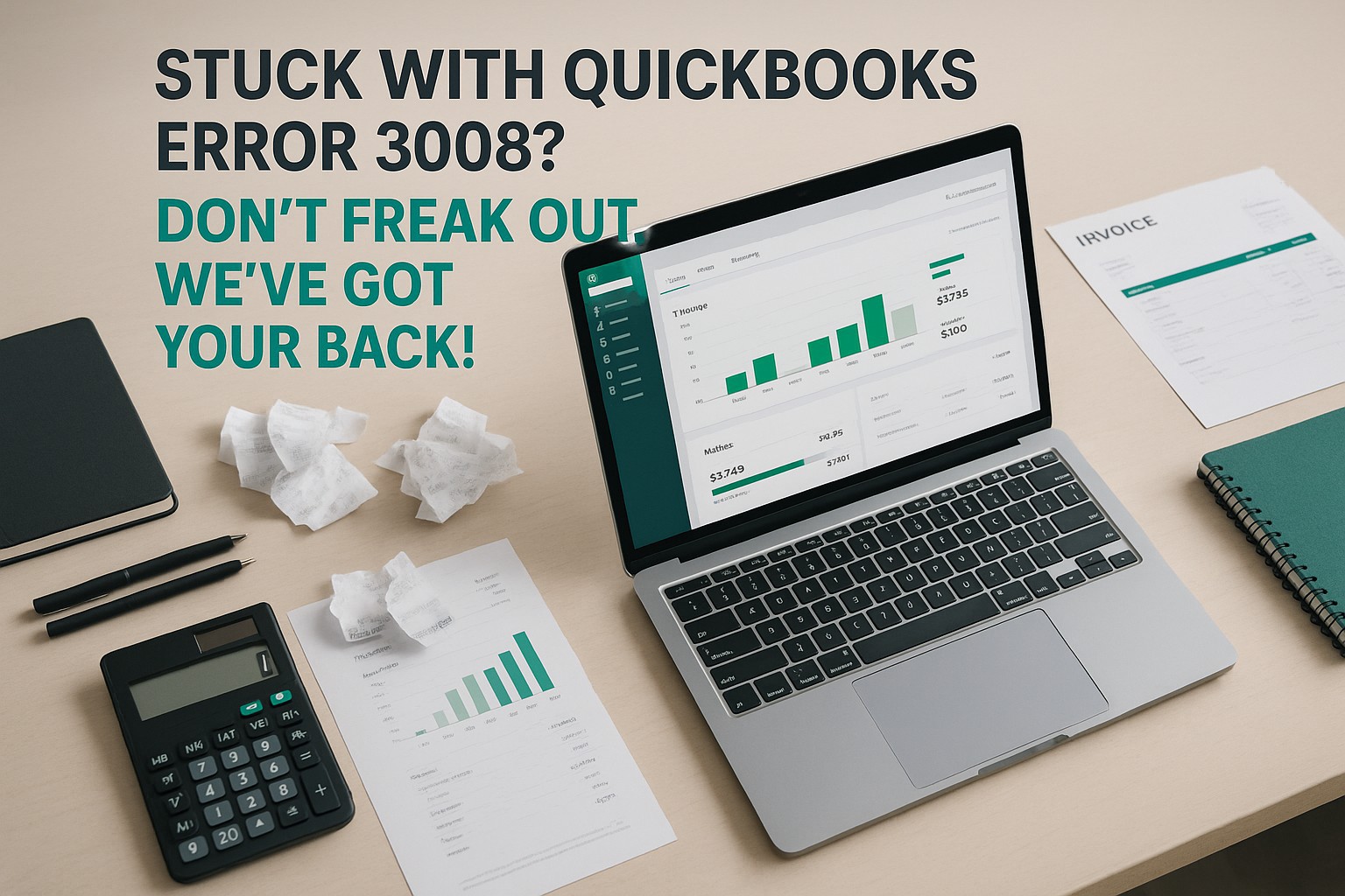 Accountant reviewing QuickBooks error 3008 message on a laptop with financial documents on the desk