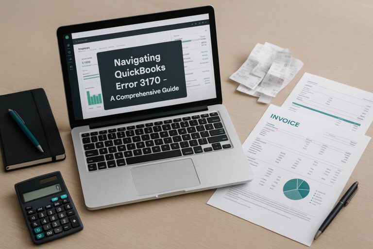 Accountant reviewing QuickBooks on a laptop, analyzing error messages and financial data.