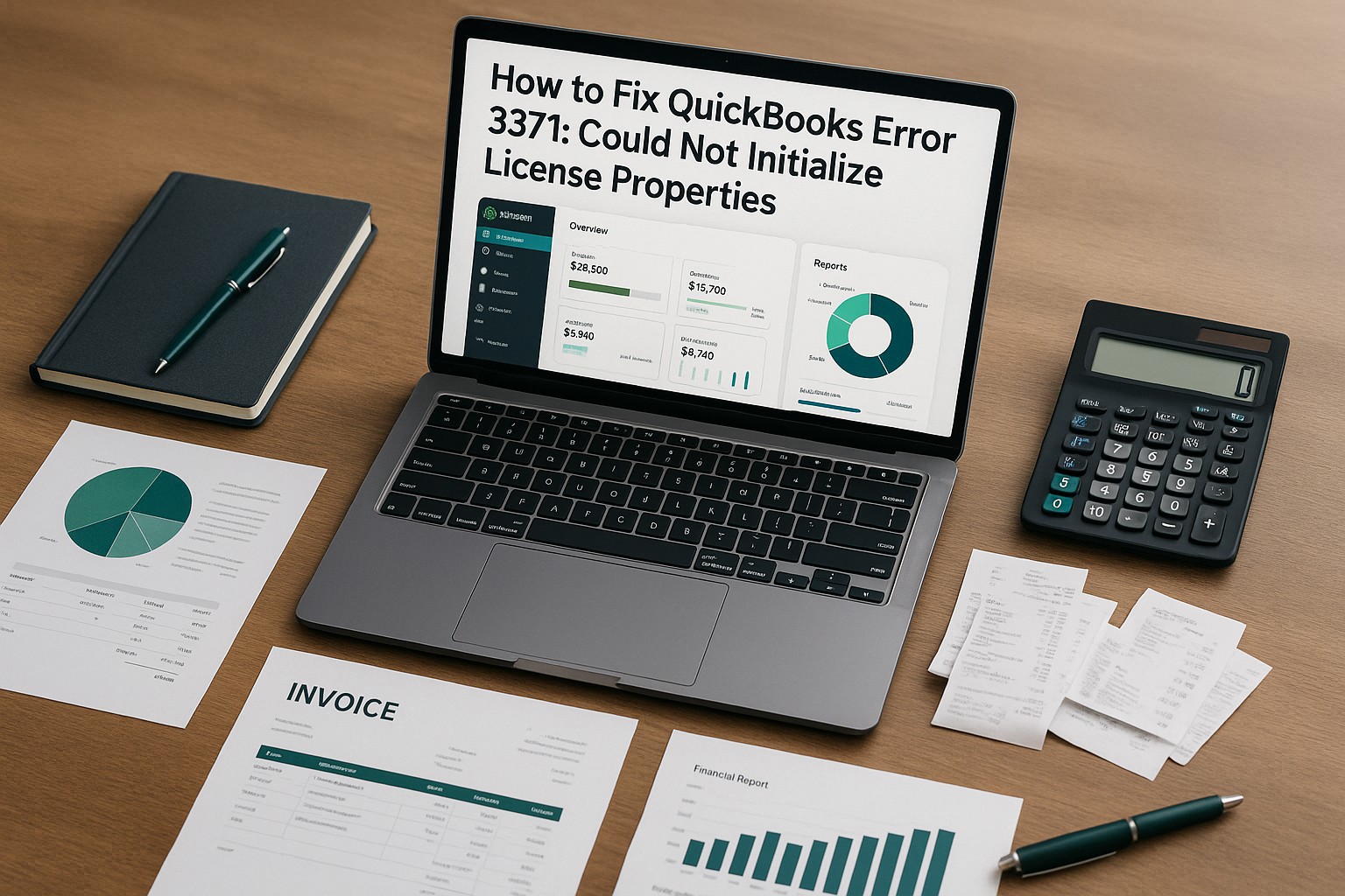 Accountant troubleshooting QuickBooks Error 3371 on a laptop with financial documents and QuickBooks software on screen.
