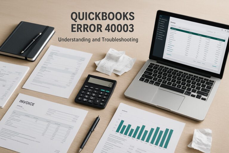 Accountant reviewing QuickBooks error 40003 message on computer screen in office setting