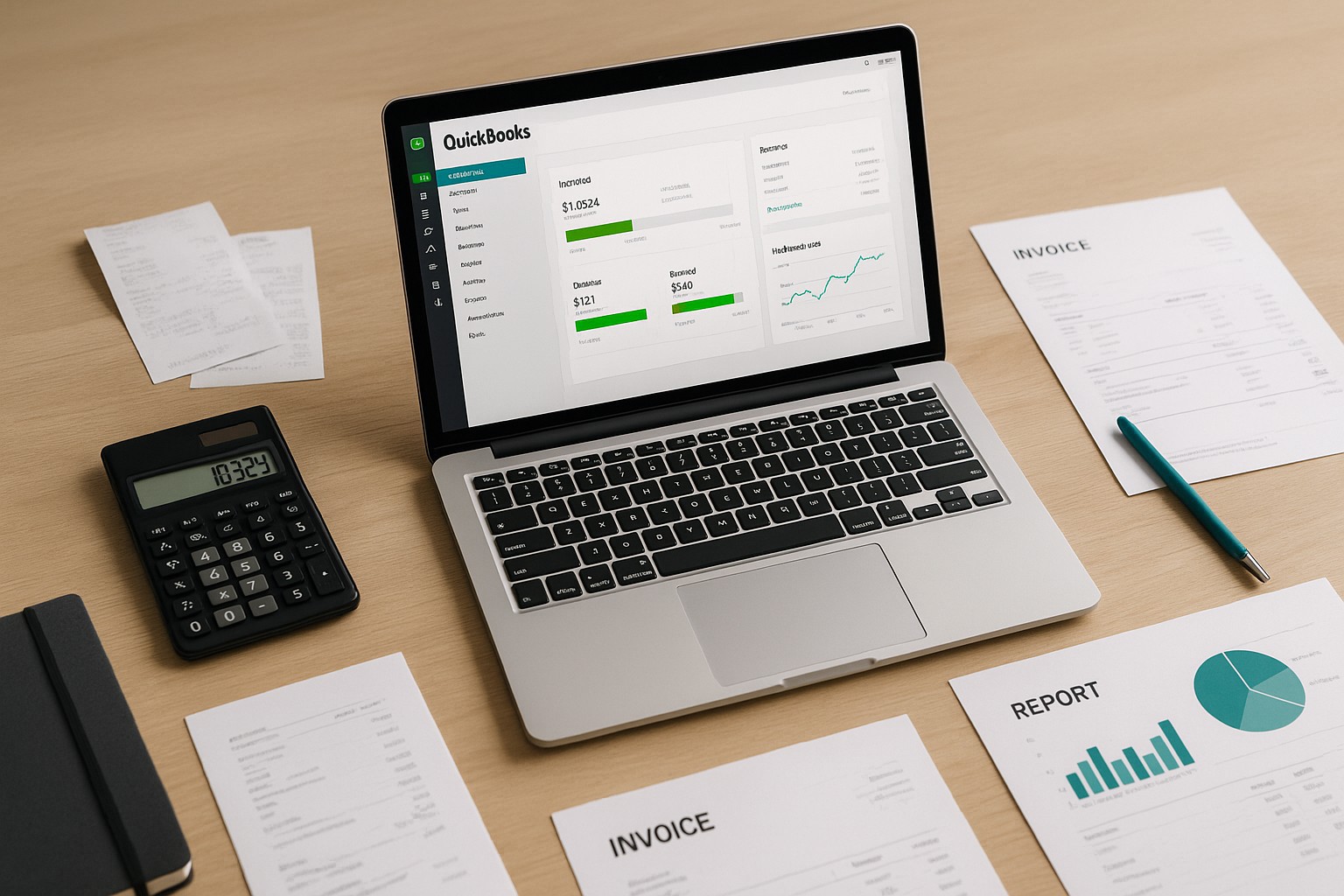 Accountant reviewing QuickBooks error message H202 on a laptop with financial documents and software interface visible.
