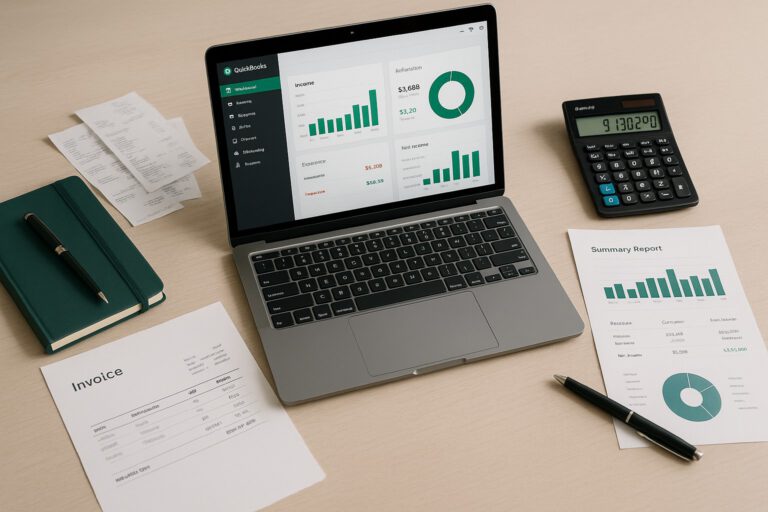 Accountant resolving QuickBooks Error H303 on a laptop with financial documents and QuickBooks software on screen