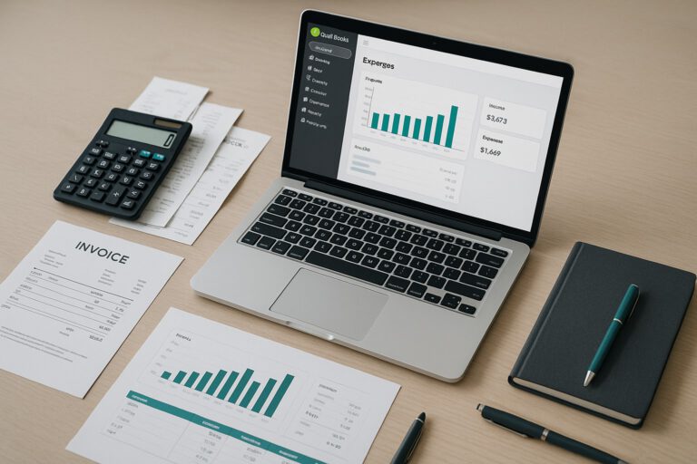 Accountant reviewing QuickBooks error OL-301 message on a laptop with financial documents on desk