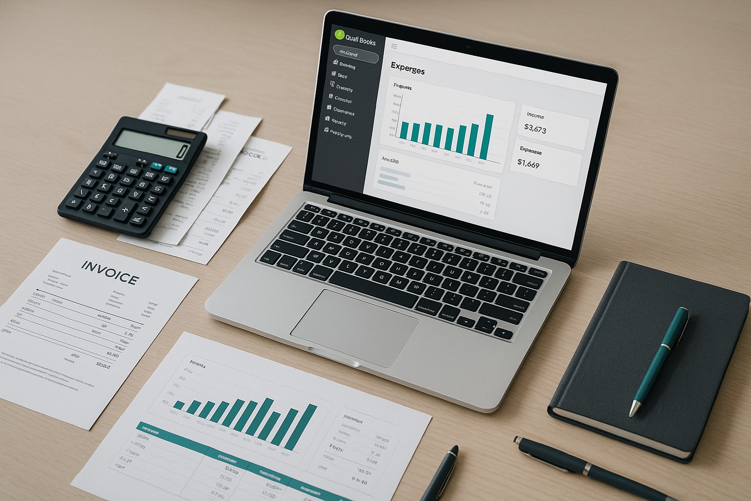 Accountant reviewing QuickBooks error OL-301 message on a laptop with financial documents on desk
