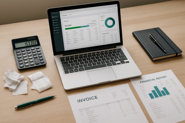 Accountant troubleshooting a large QuickBooks company file on a laptop with financial documents and charts on the desk.