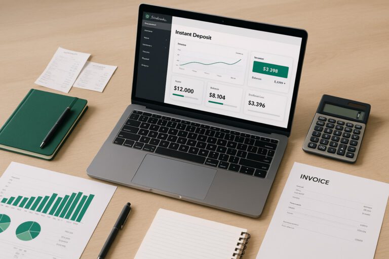 Small business owner using QuickBooks on a laptop to set up instant deposit for client payments.