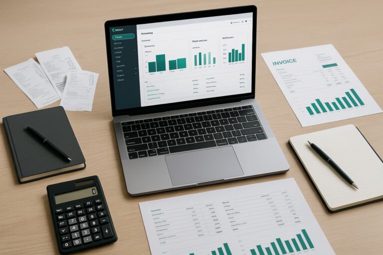 Accountant troubleshooting QuickBooks error message on a laptop in a small business office setting.