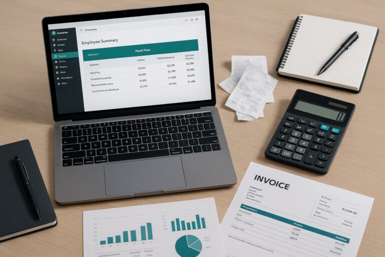 Accountant reviewing QuickBooks payroll tax calculations on a laptop in a small business office setting
