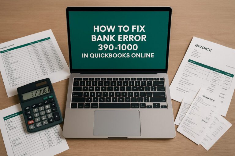 Accounting workspace with receipts, calculator, and financial papers illustrating steps to resolve QuickBooks Online bank error 390-1000