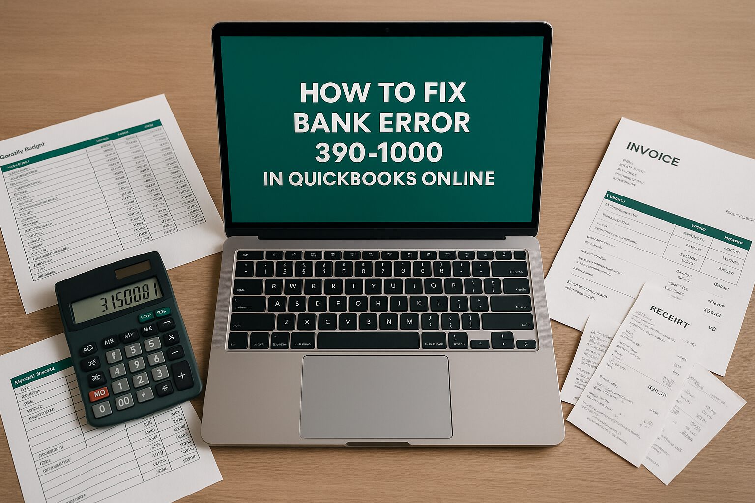 Accounting workspace with receipts, calculator, and financial papers illustrating steps to resolve QuickBooks Online bank error 390-1000